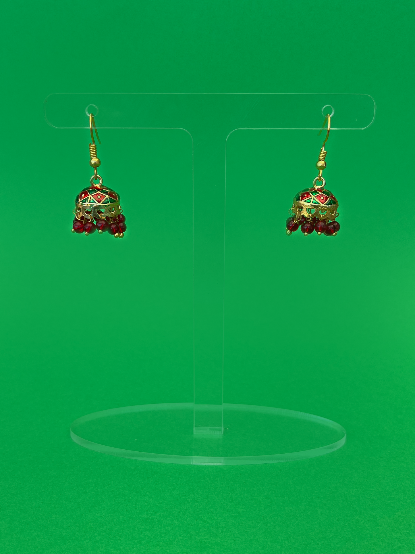 Mini Green and Red-Painted Gold-Plated Jhoomka with Red Beads and Hook