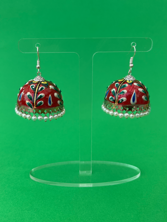 Red and Green Hand-Painted Silver-Plated Jhoomka with Hook and Pearls