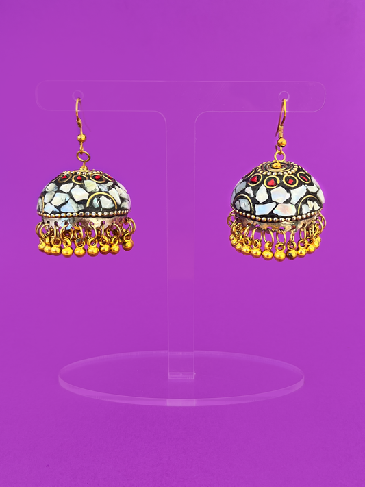 Mother of Pearl Stone Gold-Plated Meenakari Jhoomka with Gold-Plated Beads