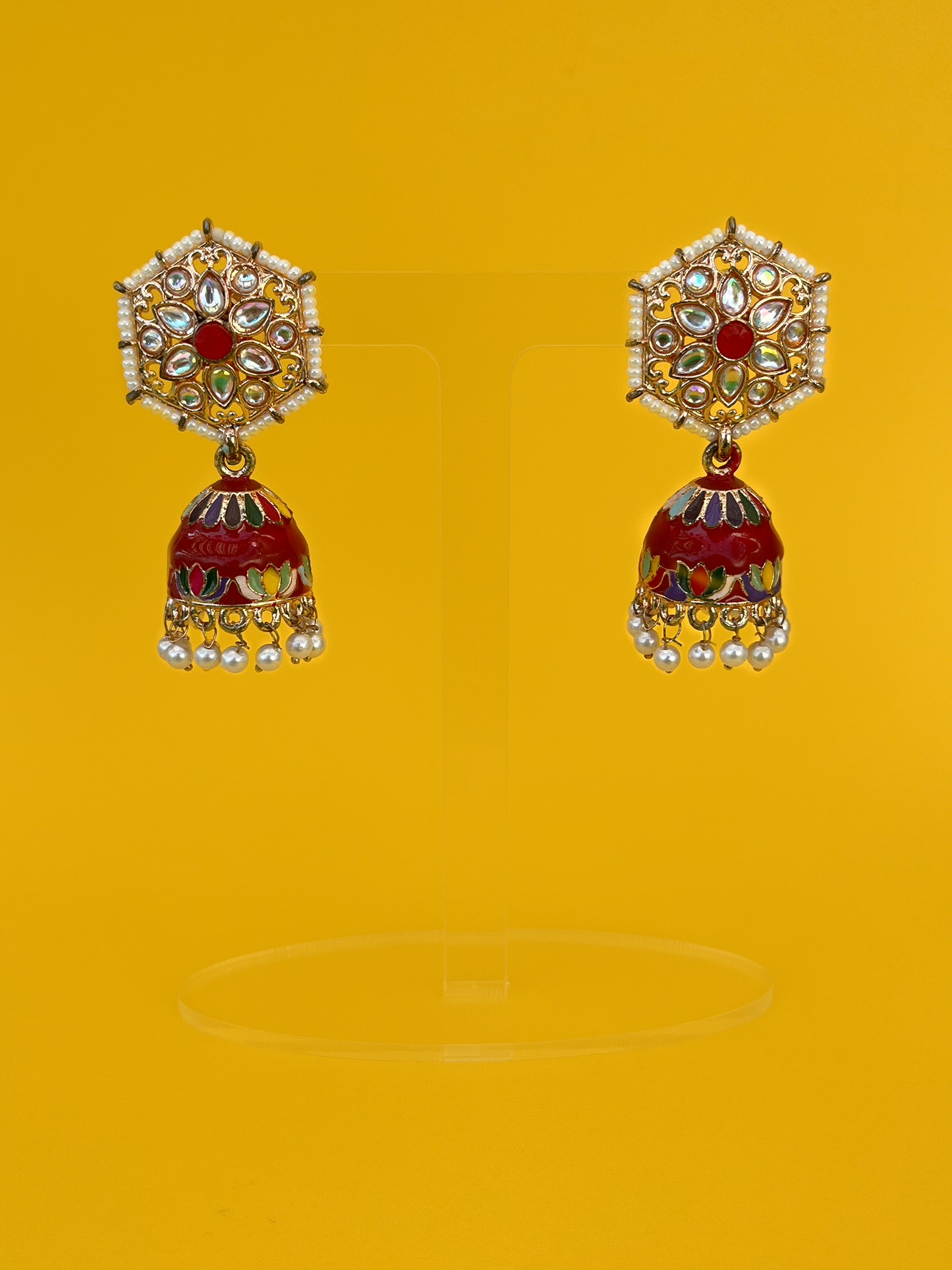 Red Hand-Painted Gold-Plated Kundan Jhoomka