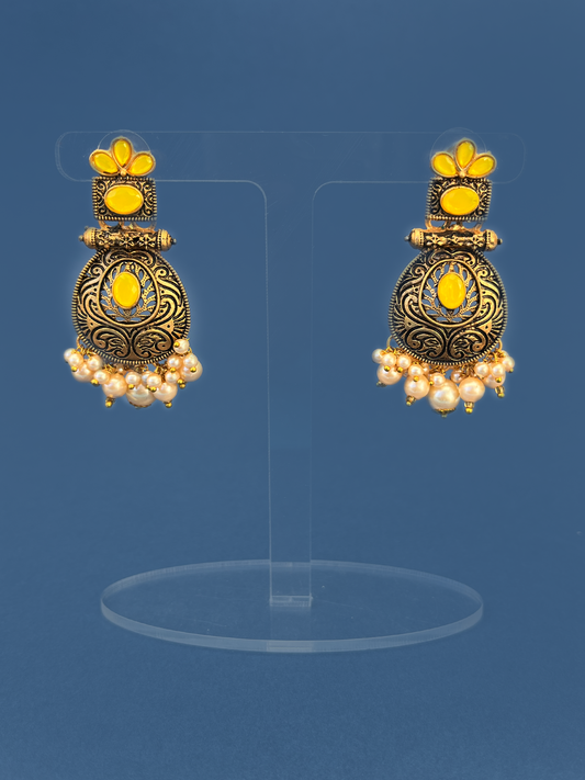 Tassel-Drop-Style Gold-Plated Jhoomka with Yellow Beads