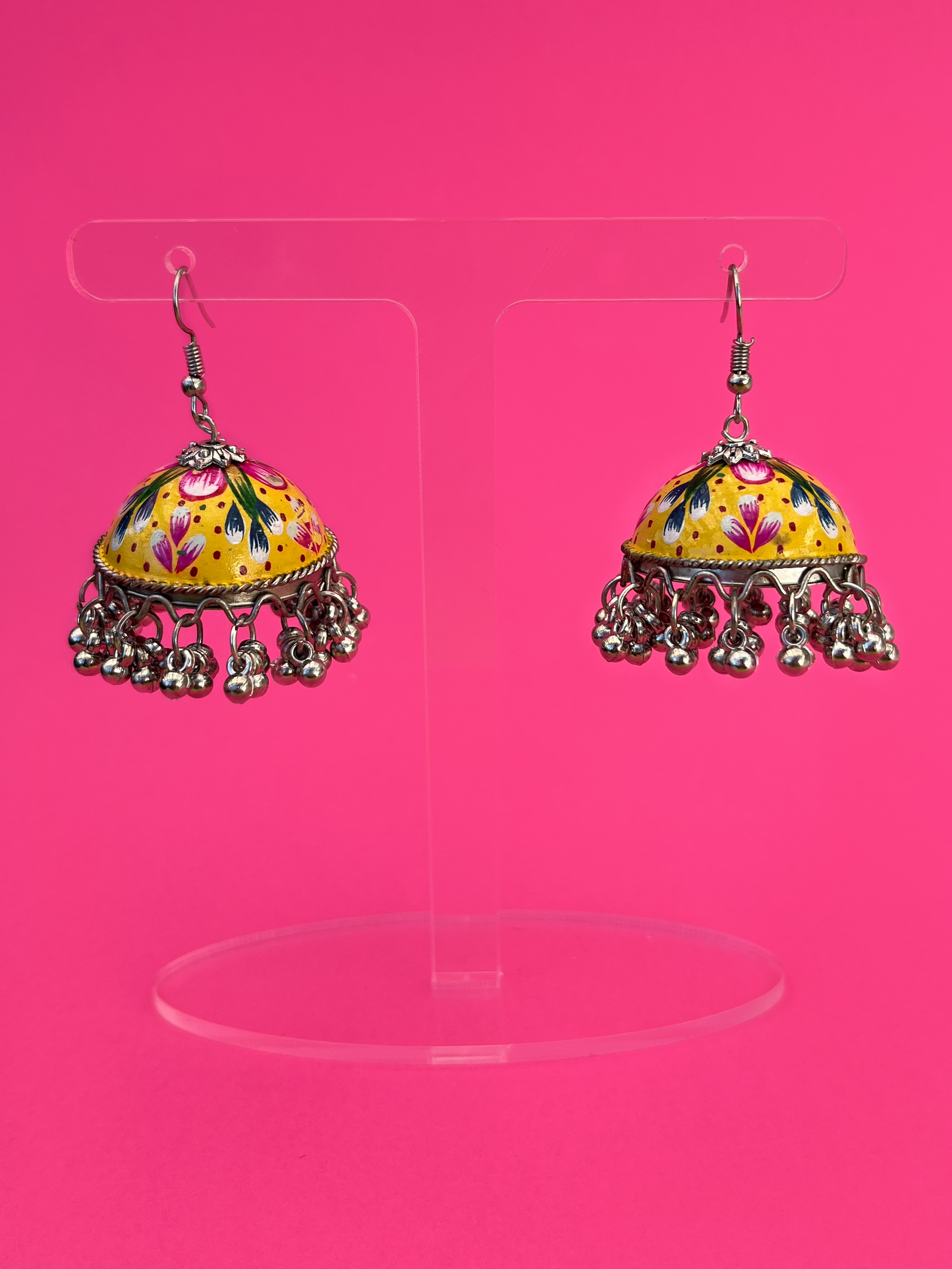 Yellow and Pink Hand-Painted Silver-Plated Jhoomka