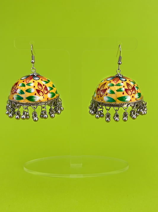 Yellow Hand-Painted Silver-Plated Meenakari Jhoomka