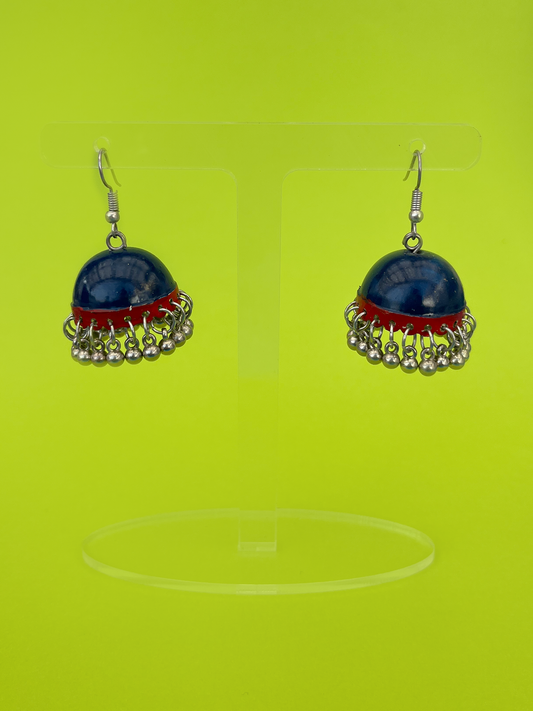 Navy Blue and Red Painted Silver-Plated Jhoomka