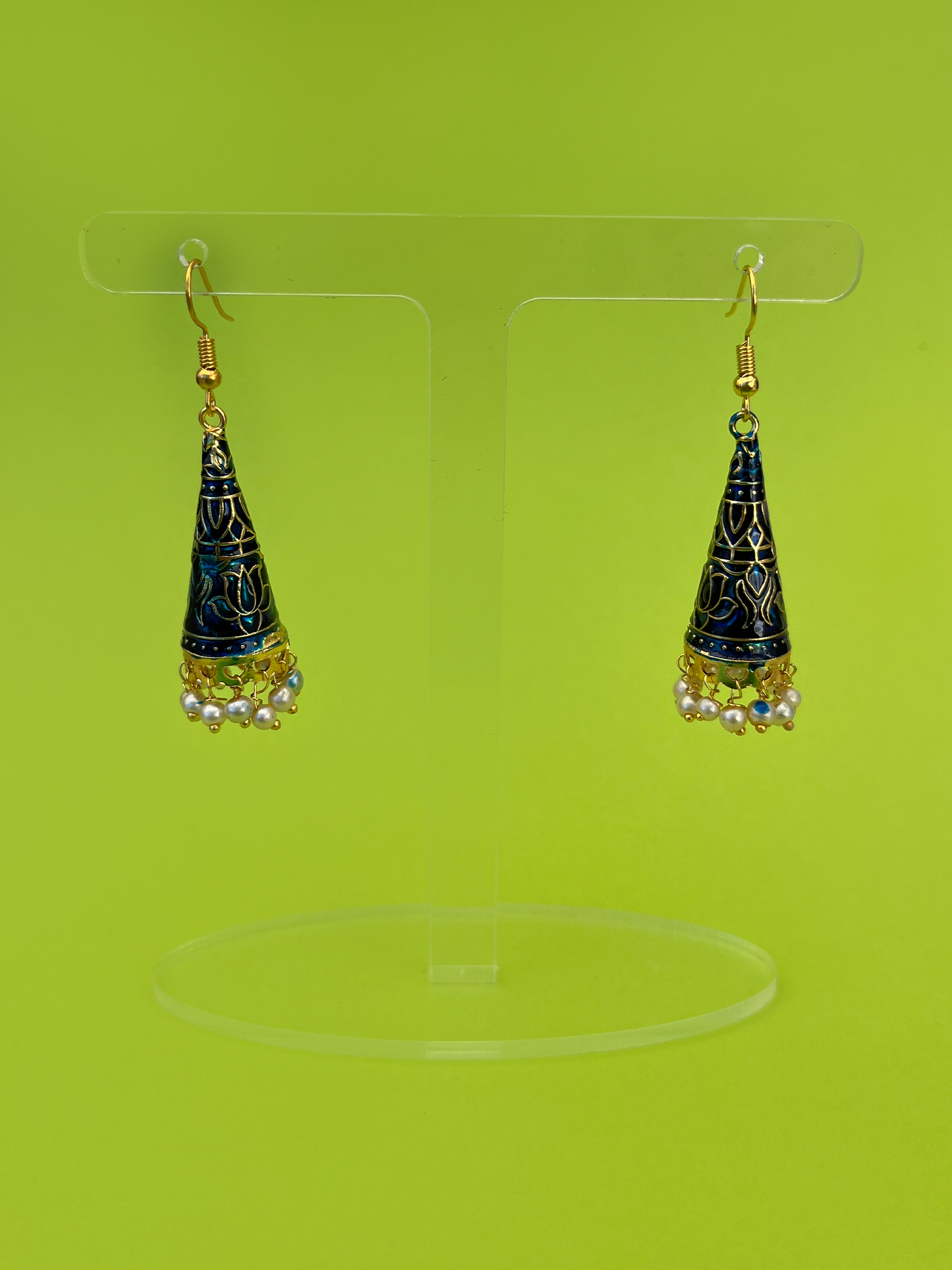 Dark Blue Cone-Shaped Meenakari Jhoomka with Hook