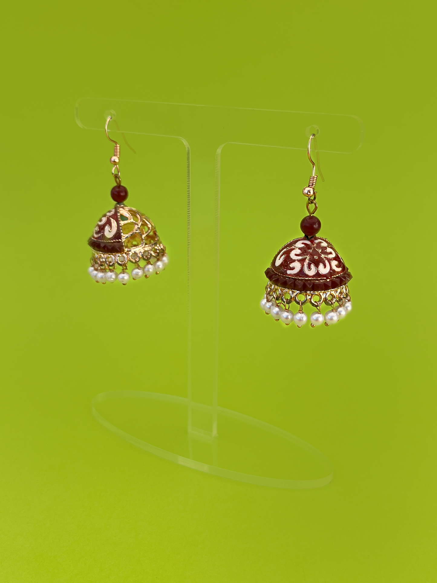 Gold-Plated Hand-Painted Jhoomka with Maroon Beads