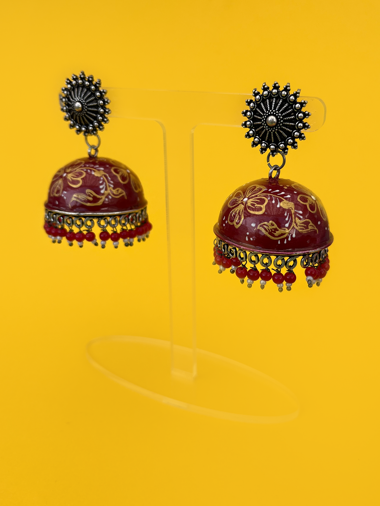 Maroon Hand-Painted Meenakari Jhoomka with Gold Flowers