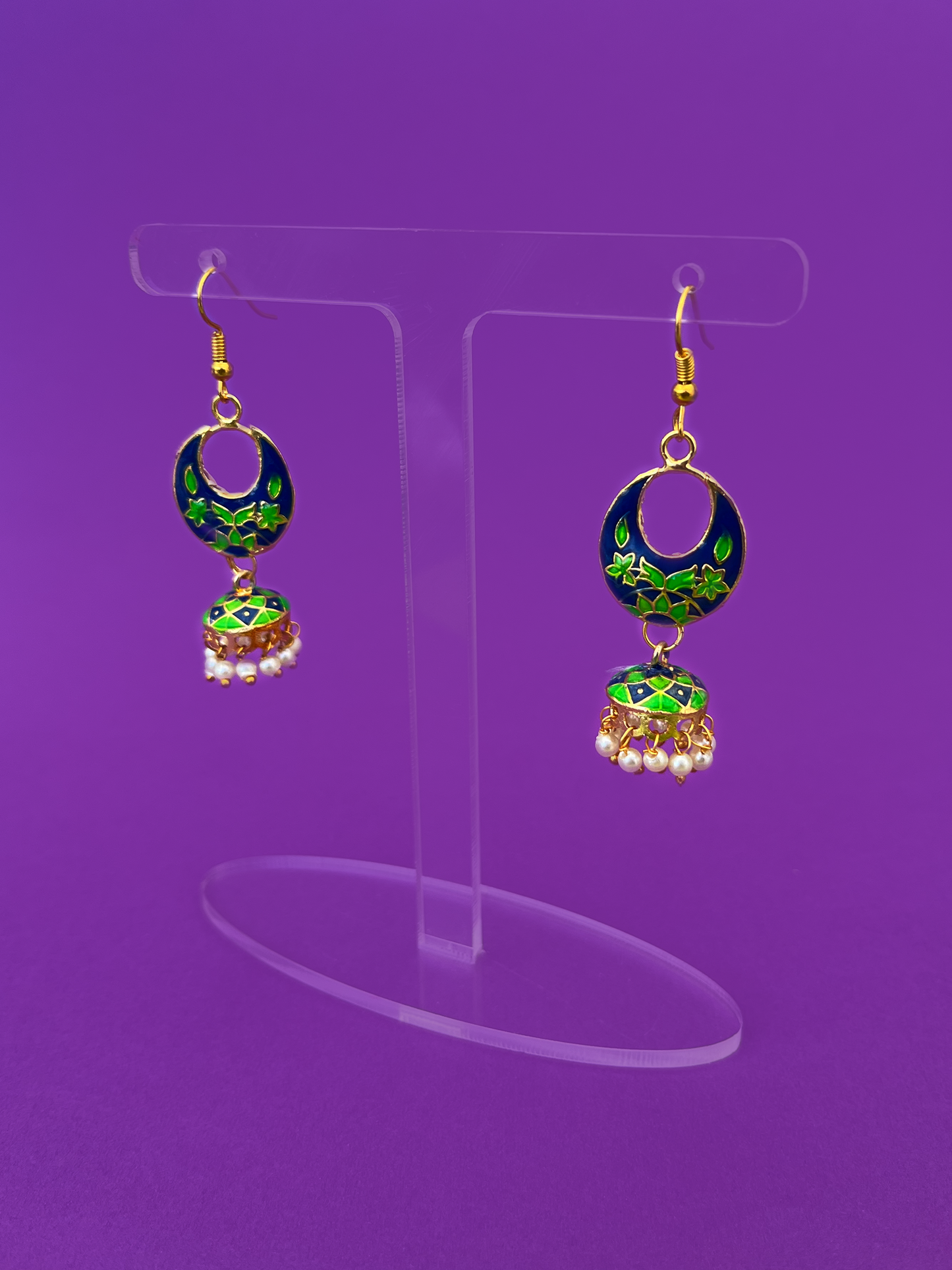 Mini Blue and Green Meenakari Jhoomka with Hook