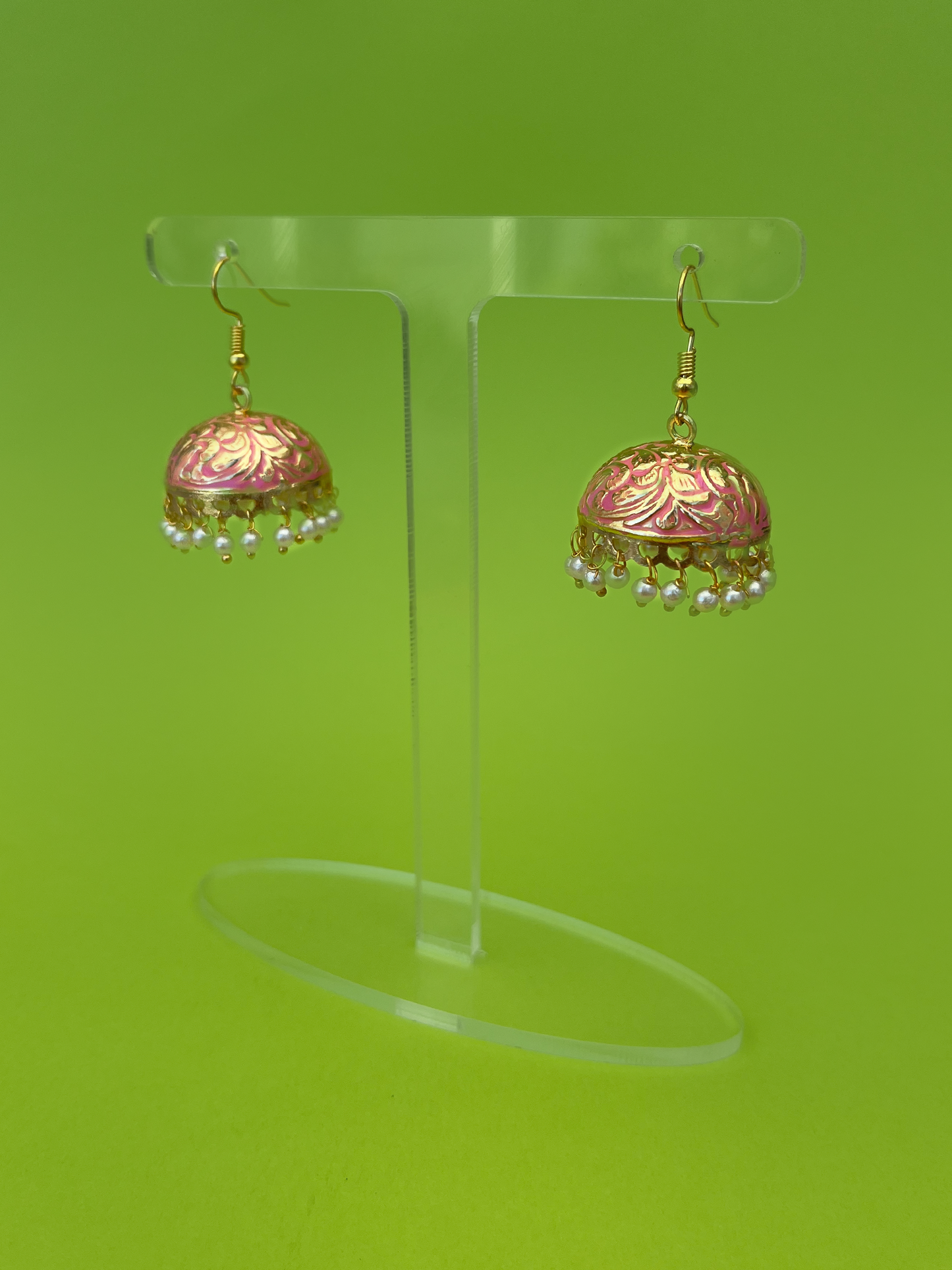 Pink-Painted Gold-Plated Meenakari Jhoomka with White Beads and Hook