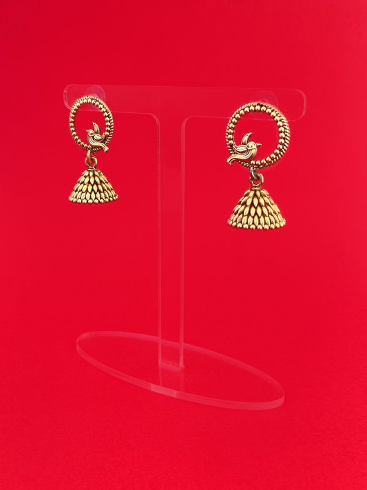 Gold-Plated Hanging Jhoomka with Bird Design