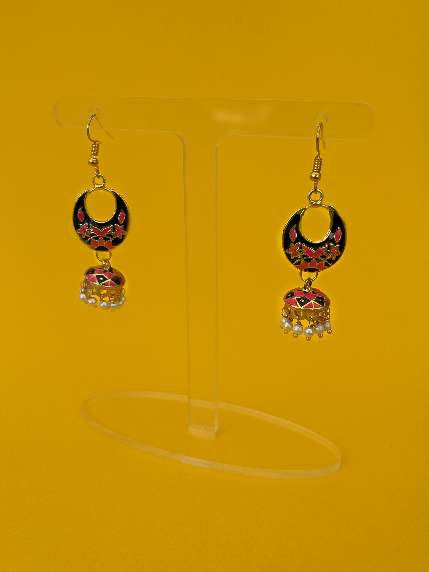 Mini Black and Pink Meenakari Jhoomka with Hook