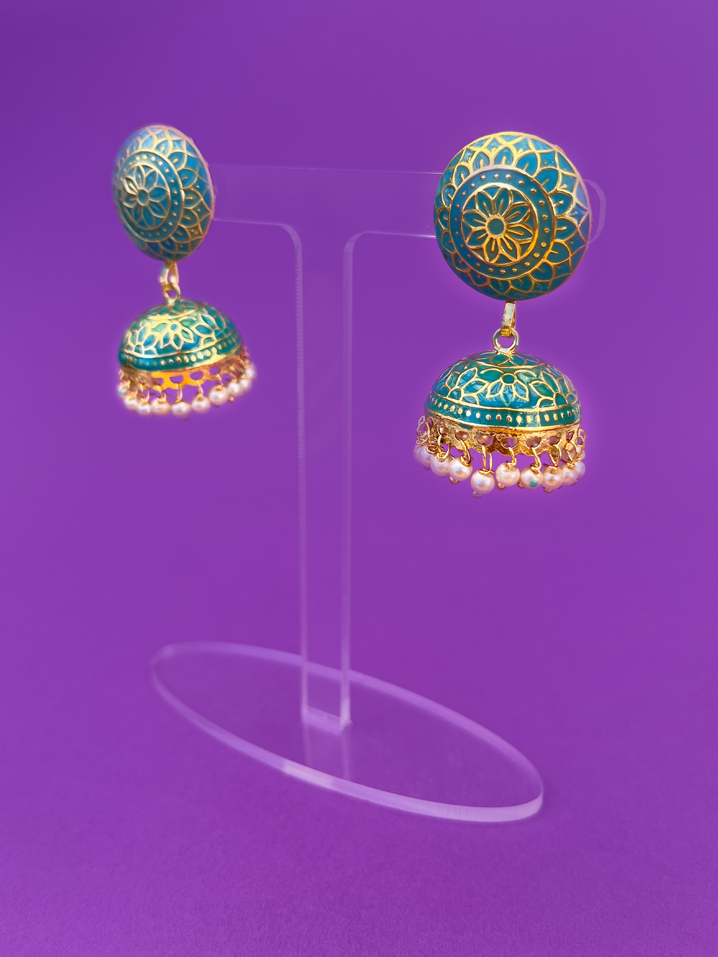 Teal Blue Meenakari Jhoomka with Floral Design