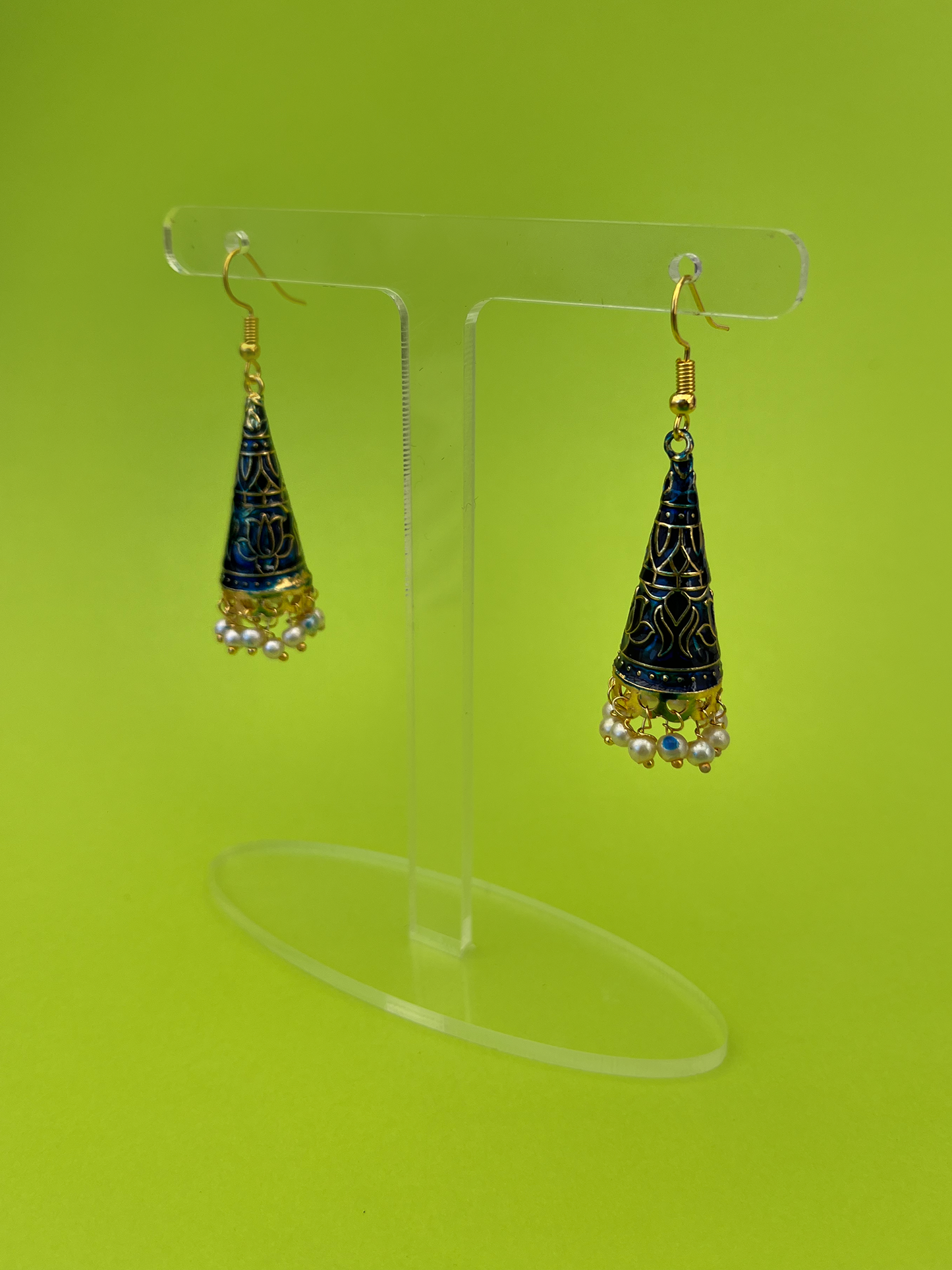 Dark Blue Cone-Shaped Meenakari Jhoomka with Hook