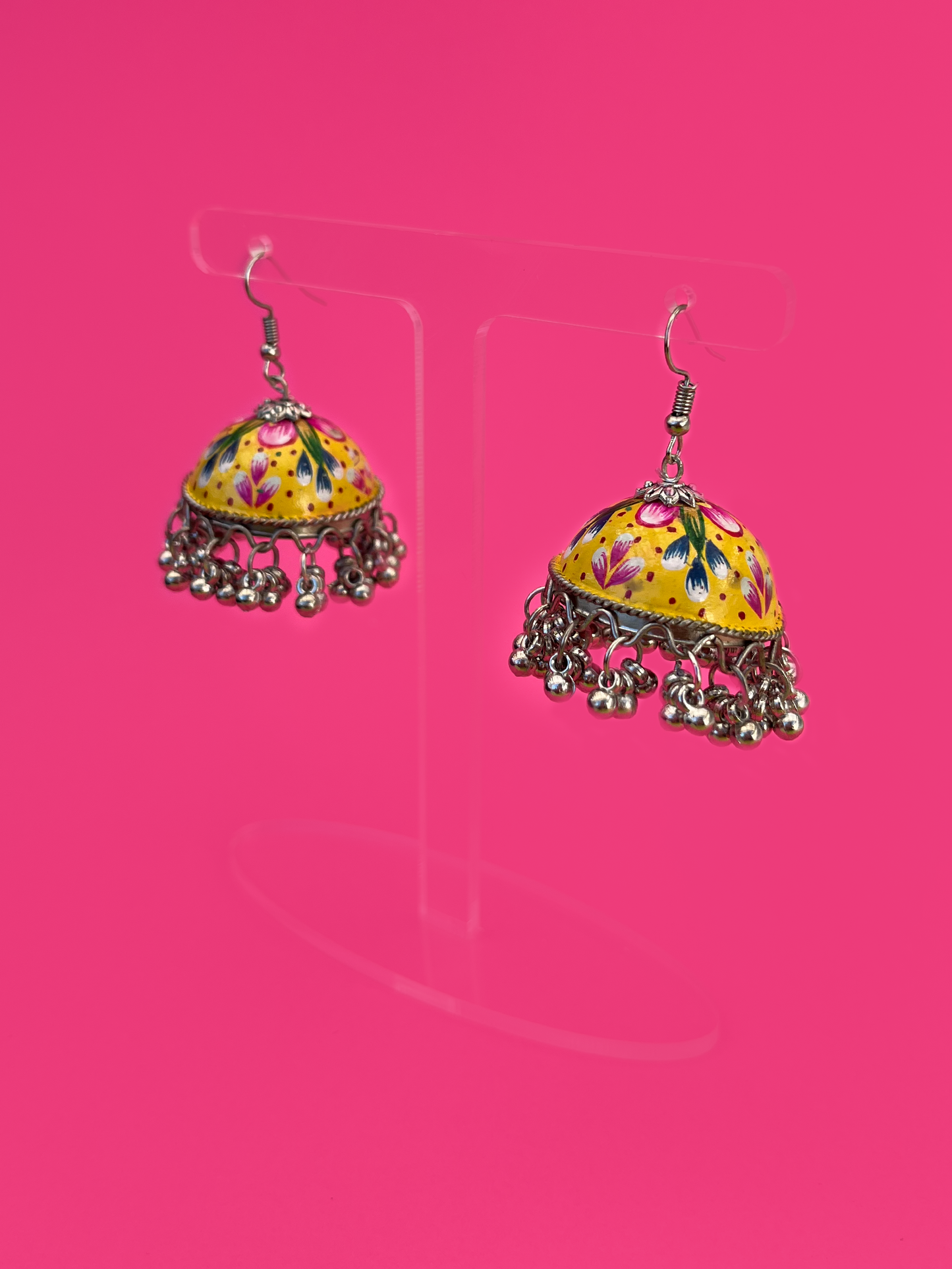 Yellow and Pink Hand-Painted Silver-Plated Jhoomka