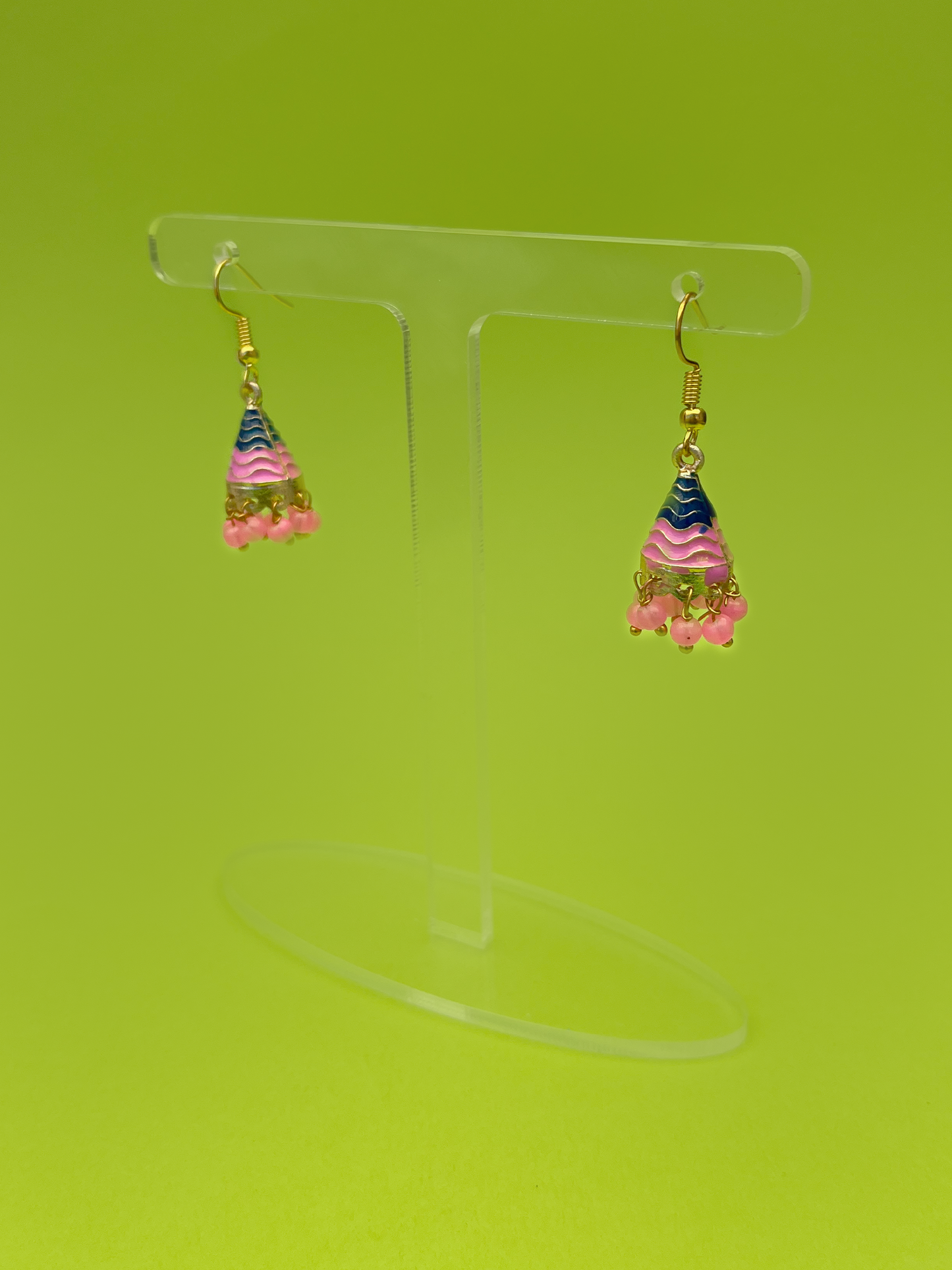 Pink and Blue Cone-Shaped Gold-Plated Mini Jhoomka with Hook