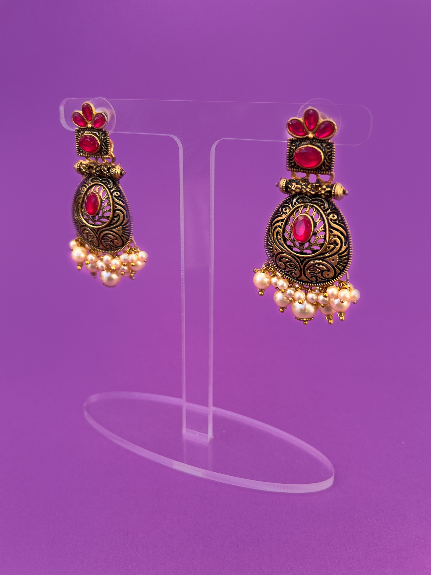 Tassel-Drop-Style Gold-Plated Jhoomka with Cerise Beads