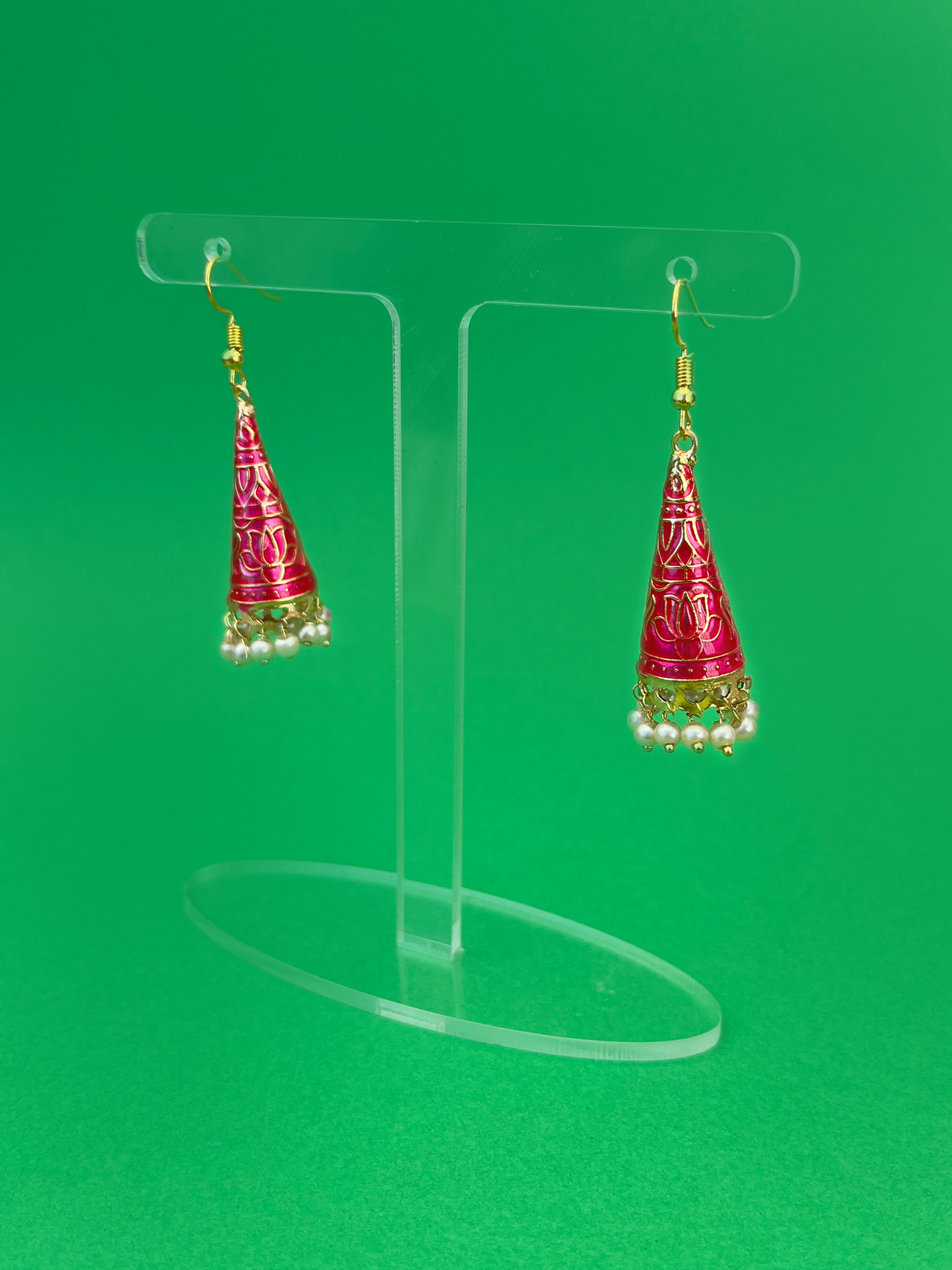 Raspberry Pink Cone-Shaped Meenakari Jhoomka with Hook