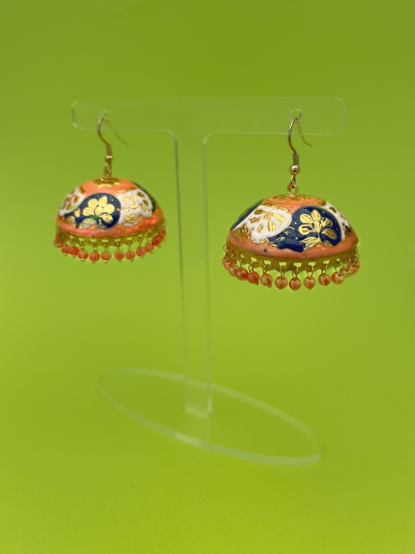 Peach-Painted Gold-Plated Meenakari Jhoomka with Peach Beads and Hook