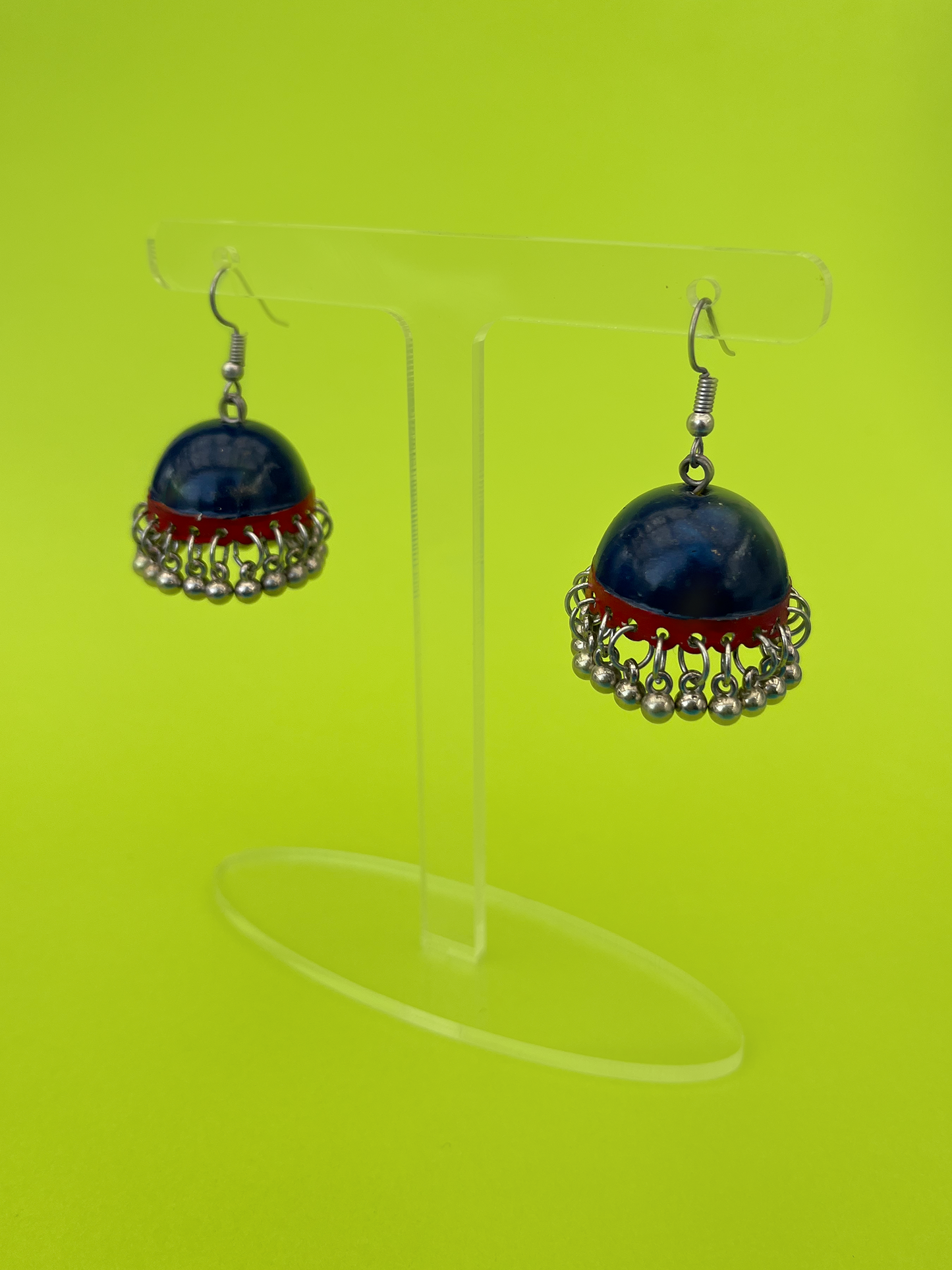 Navy Blue and Red Painted Silver-Plated Jhoomka