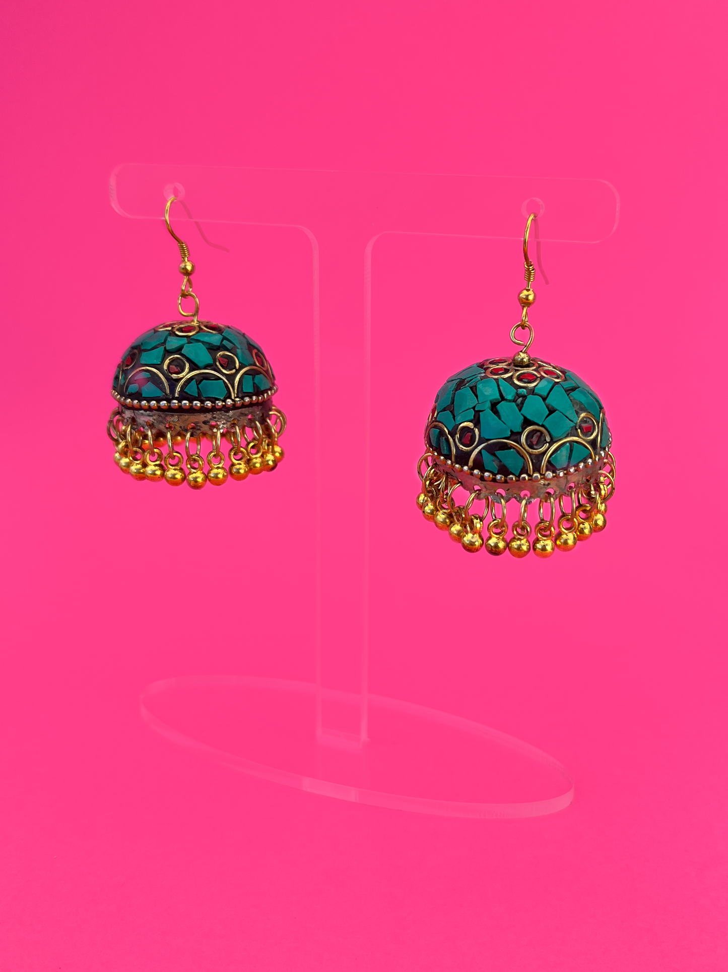 Turquoise Stone Gold-Plated Meenakari Jhoomka