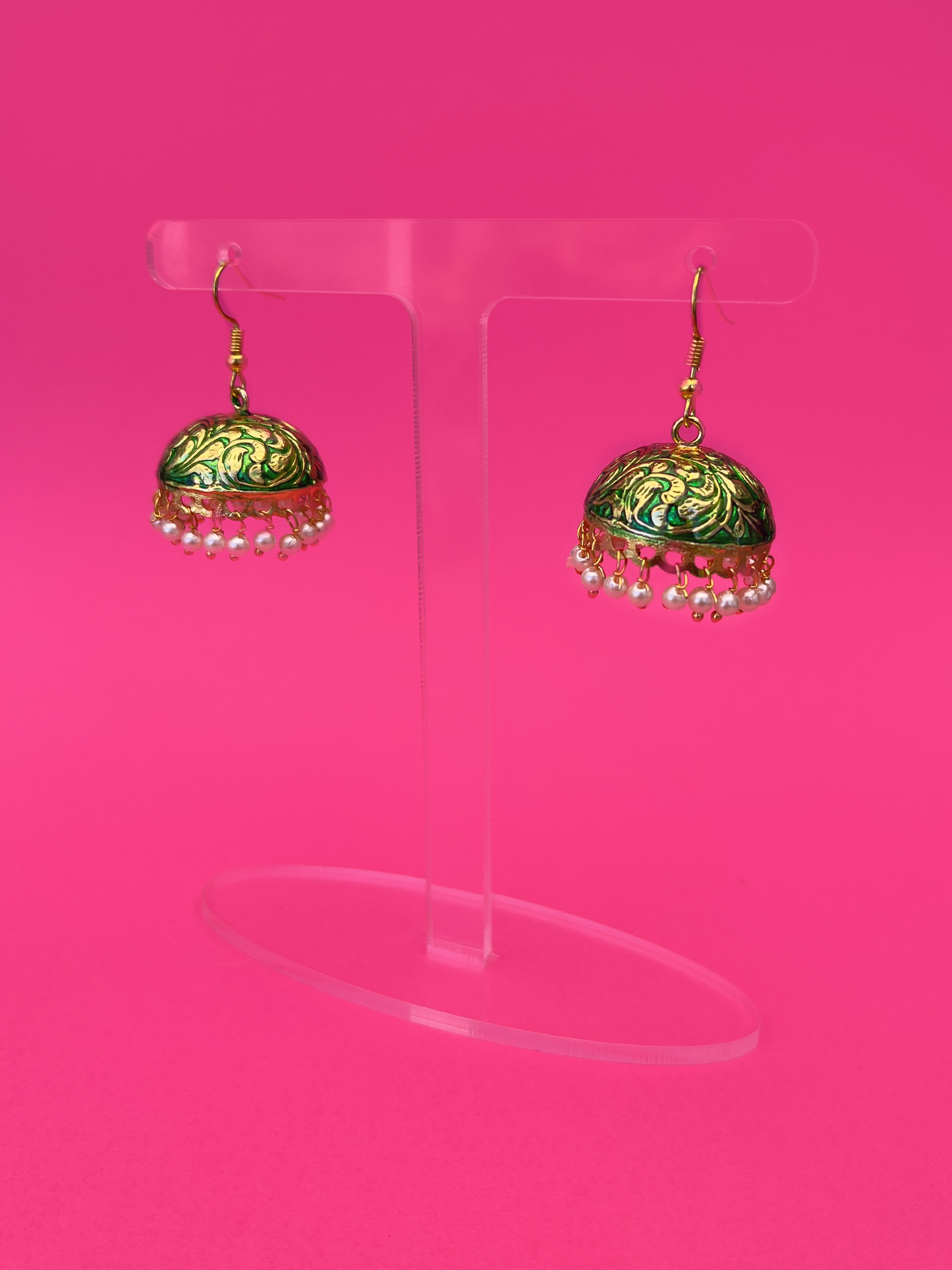 Green-Painted Gold-Plated Meenakari Jhoomka with White Beads and Hook
