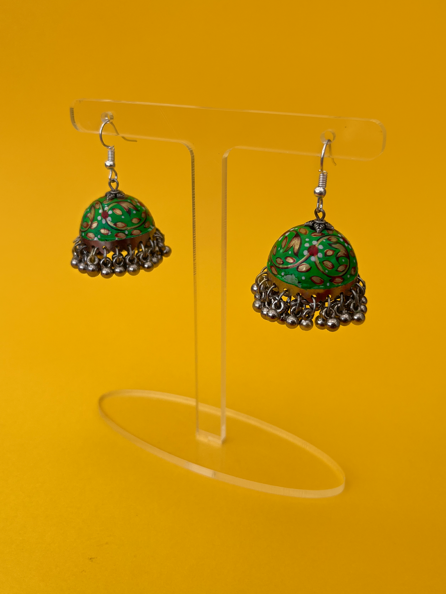Green and Gold Hand-Painted Silver-Plated Jhoomka with Hook