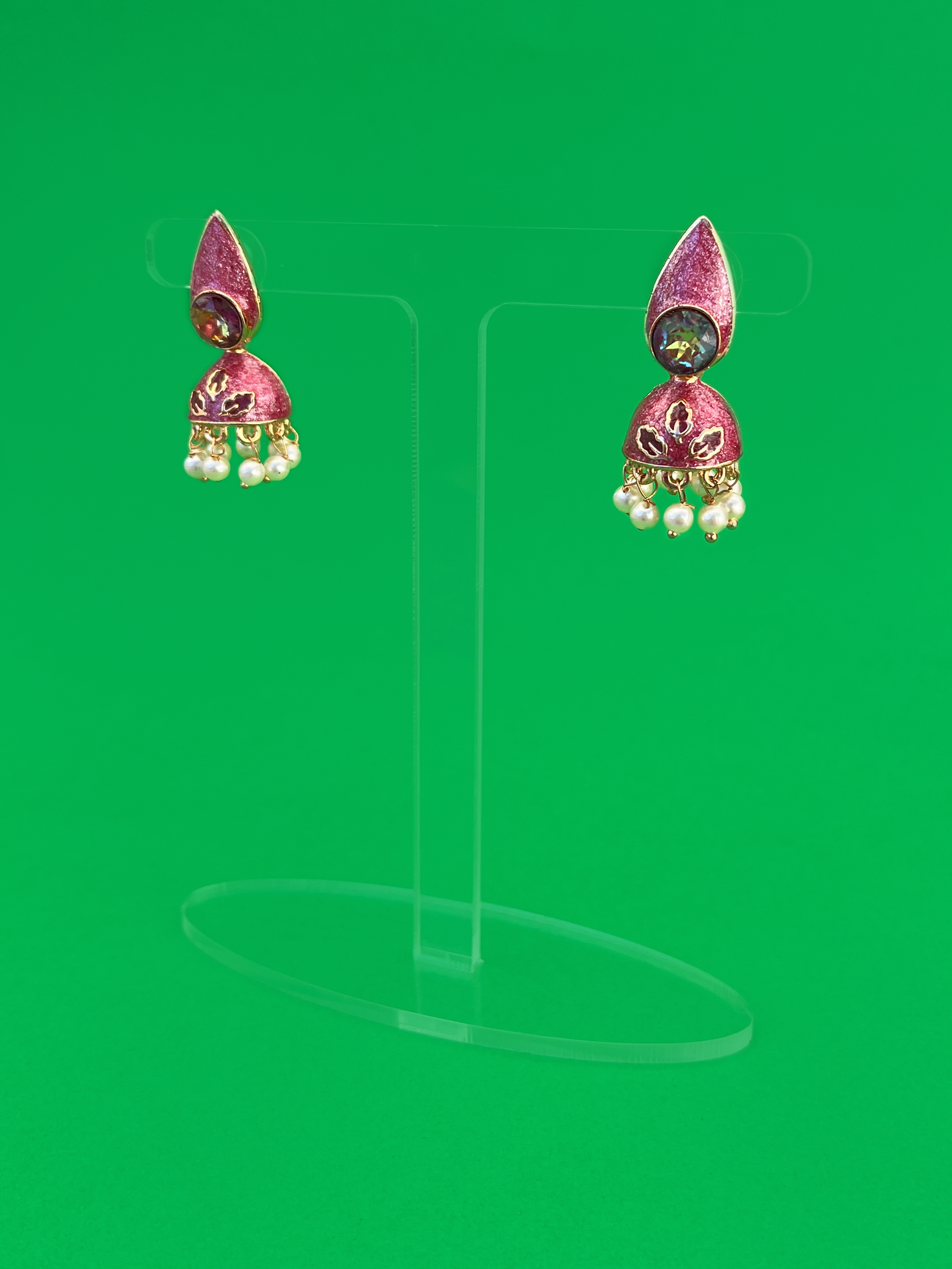 Mini Glitter Pink Hand-Painted Gold-Plated Jhoomka