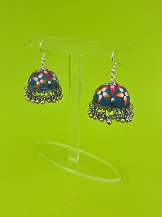 Blue Hand-Painted Silver-Plated Meenakari Jhoomka
