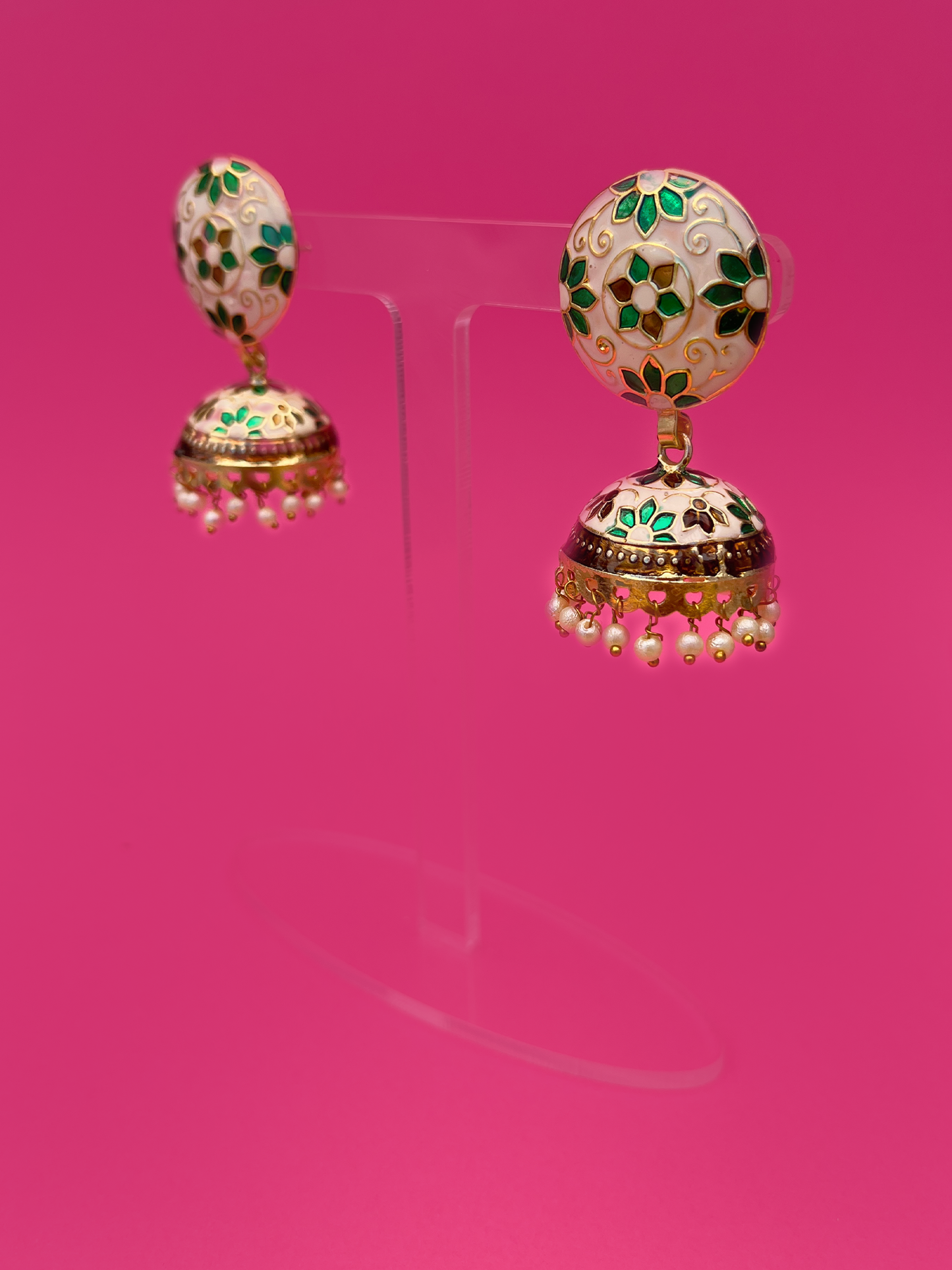 White and Green Meenakari Jhoomka with Floral Design