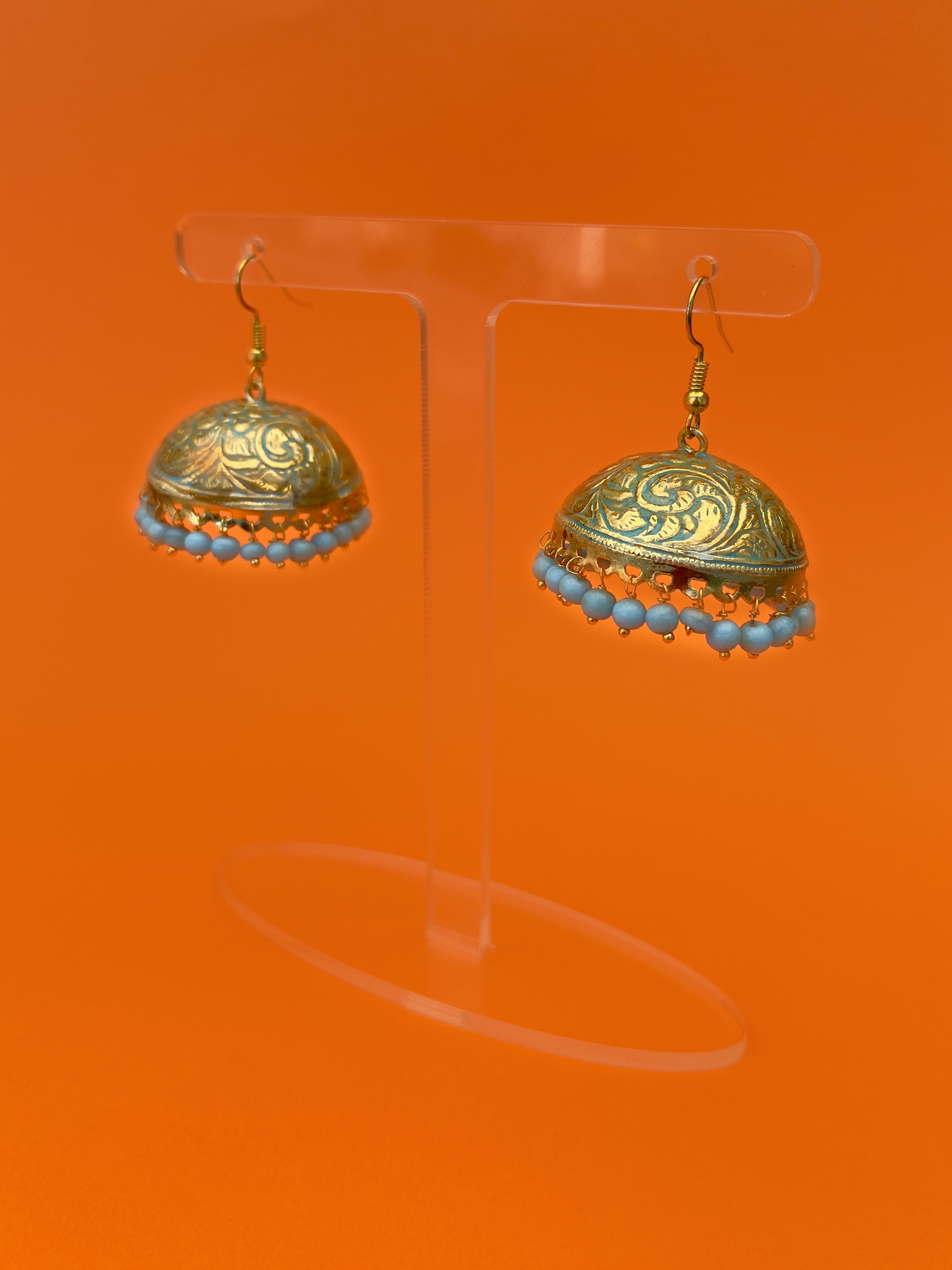 Gold-Plated Meenakari Jhoomka with Baby Blue Beads and Hook