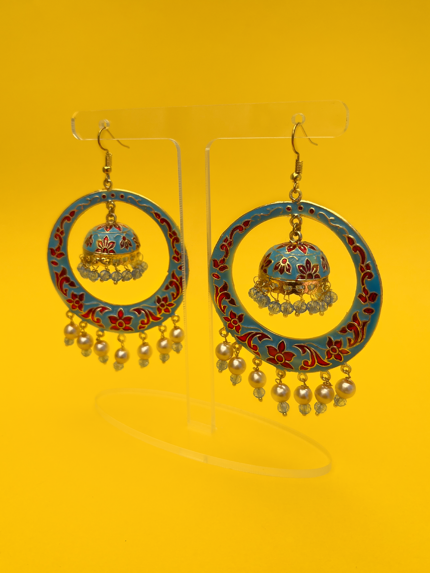 Sky Blue Chandbali-Style Gold-Plated Jhoomka with Artificial Pearls and Hook