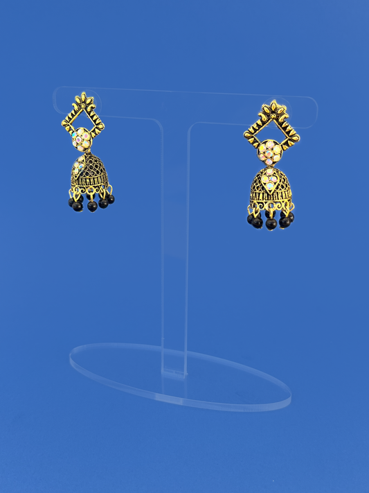 Mini Oxidised Gold-Plated Jhoomka with Black Beads and Stem
