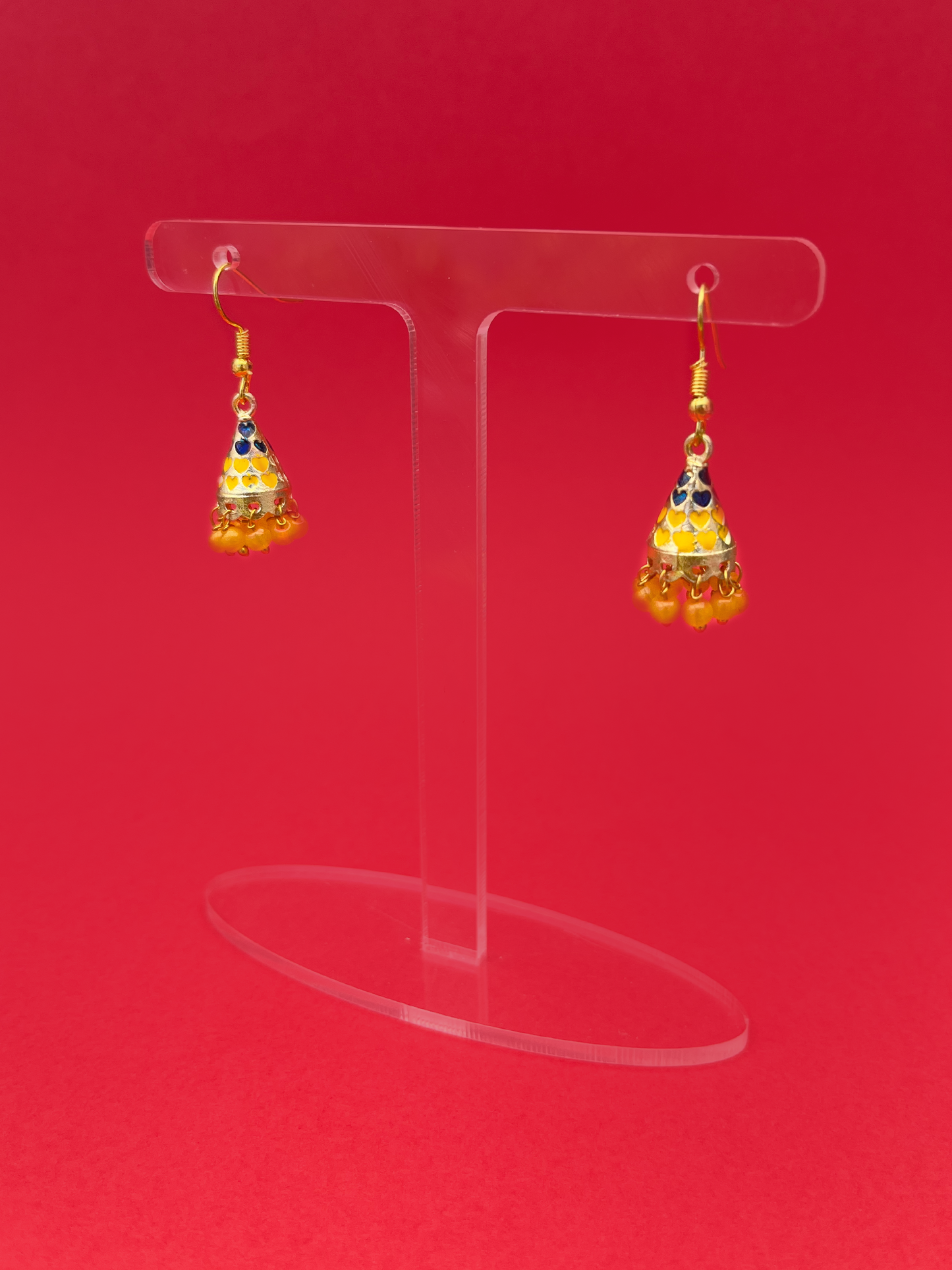 Yellow and Navy-Heart Cone-Shaped Gold-Plated Mini Jhoomka with Hook