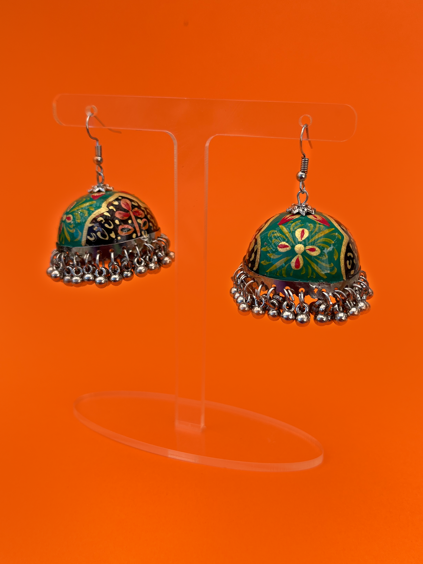 Green, Brown and Gold Hand-Painted Silver-Plated Jhoomka