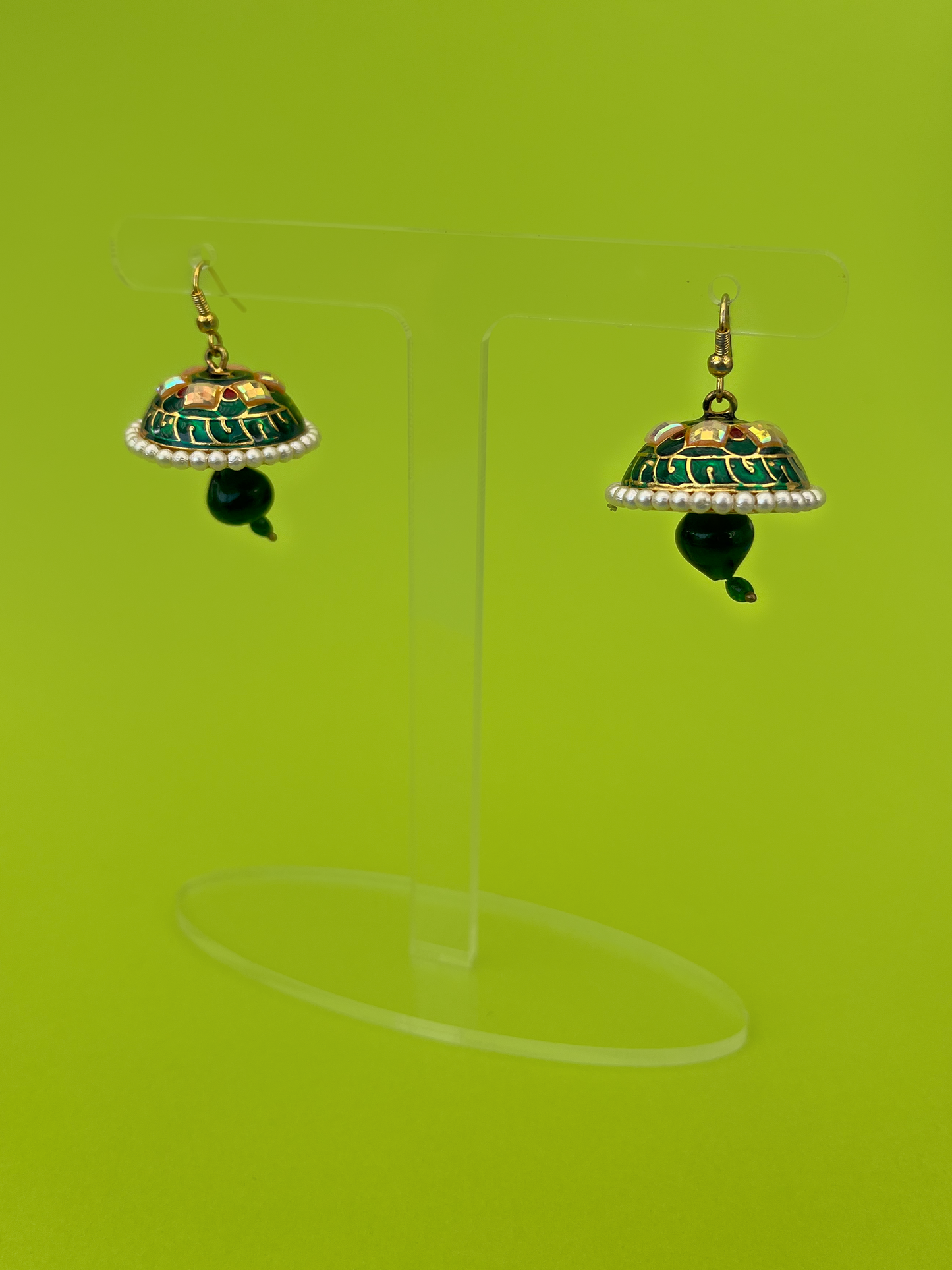 Dark Green Meenakari Jhoomka with Green Stone and Hook