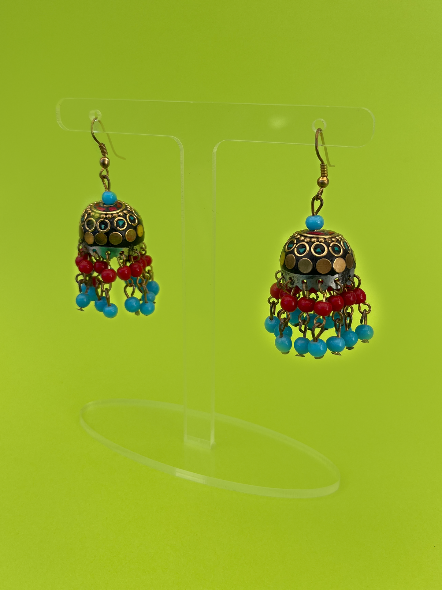 Multicolured Gold-Plated Jhoomka with Blue and Red Beads