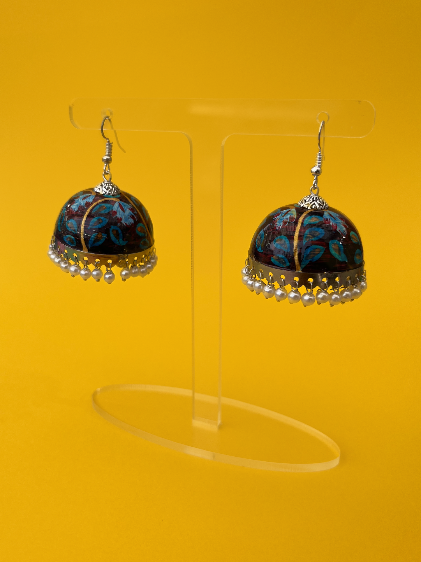 Maroon and Blue Hand-Painted Silver-Plated Jhoomka with Hook and Pearls