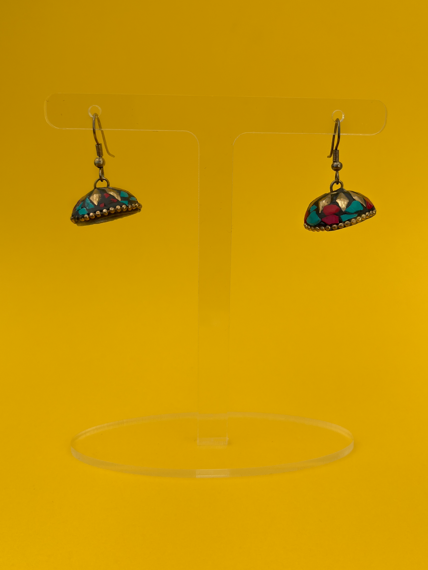 Antique-Style Gold-Plated Jhoomka Studded with Red and Blue Stones