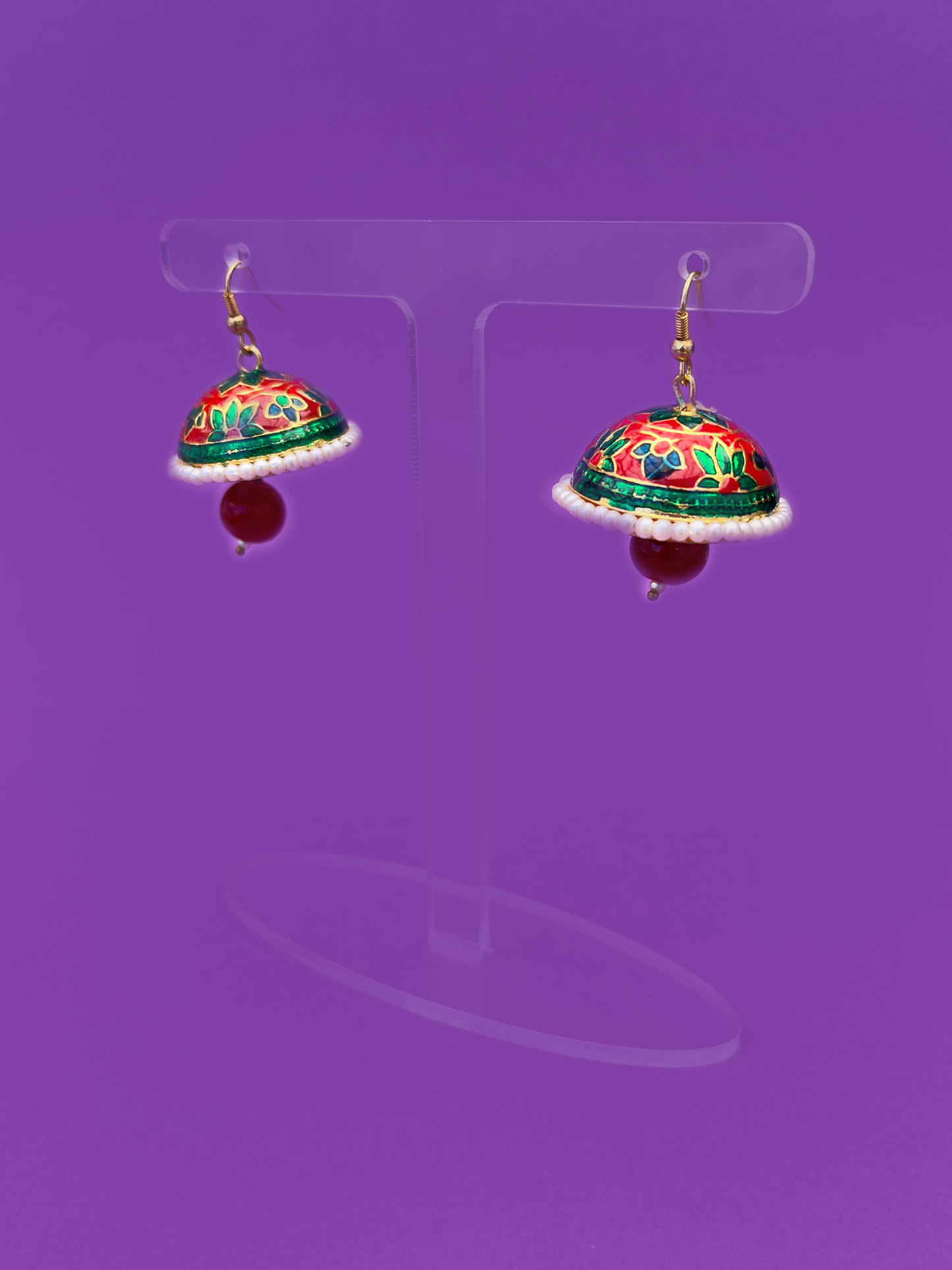Red and Green Meenakari Jhoomka with Red Stone and Hook