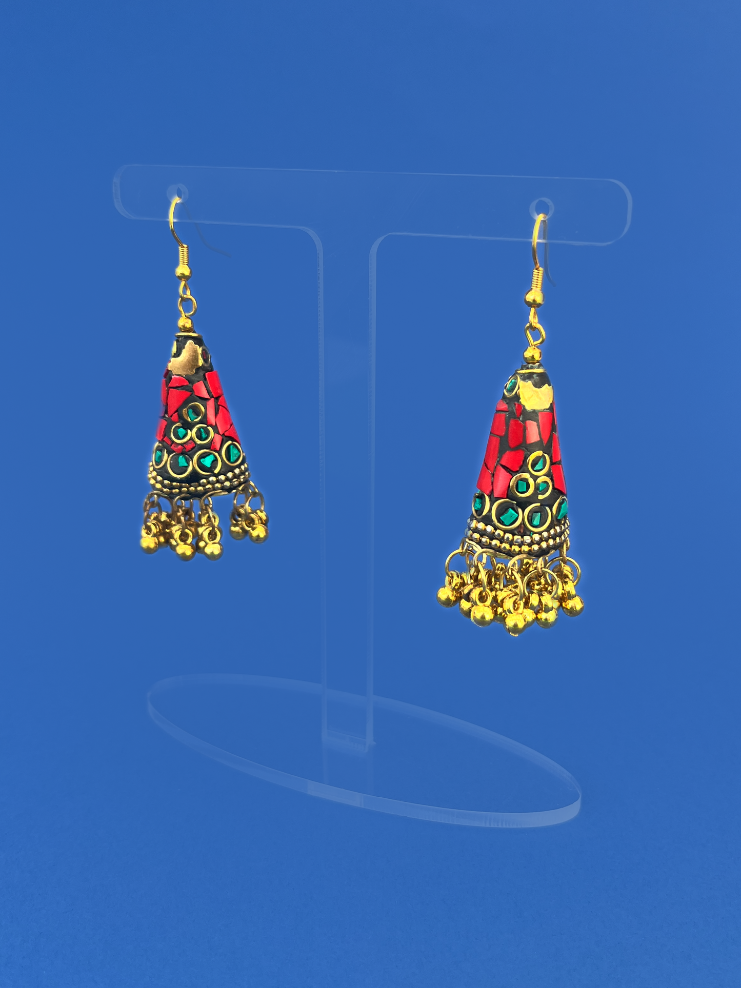 Coral Stone Gold-Plated Meenakari Jhoomka with Gold Beads