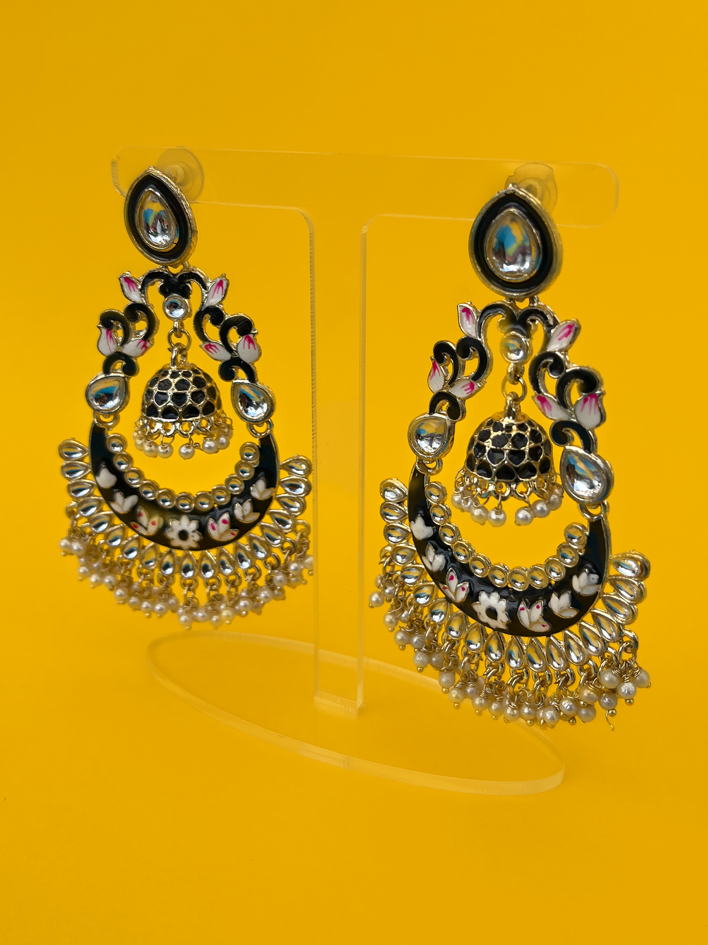 Charcoal Grey Kundan Meenakari Jhoomka