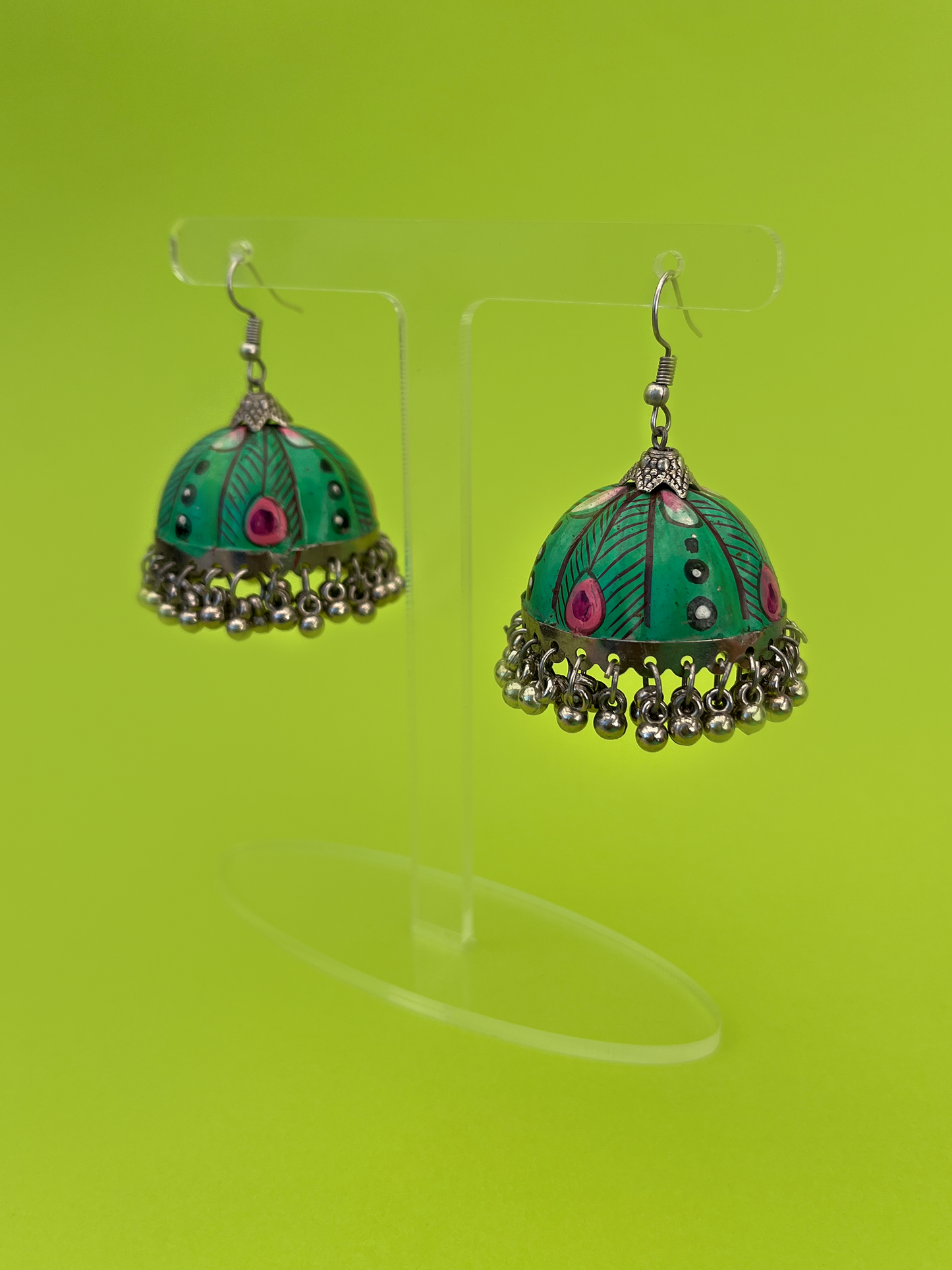 Mint Green Hand-Panted Silver-Plated Meenakari Jhoomka