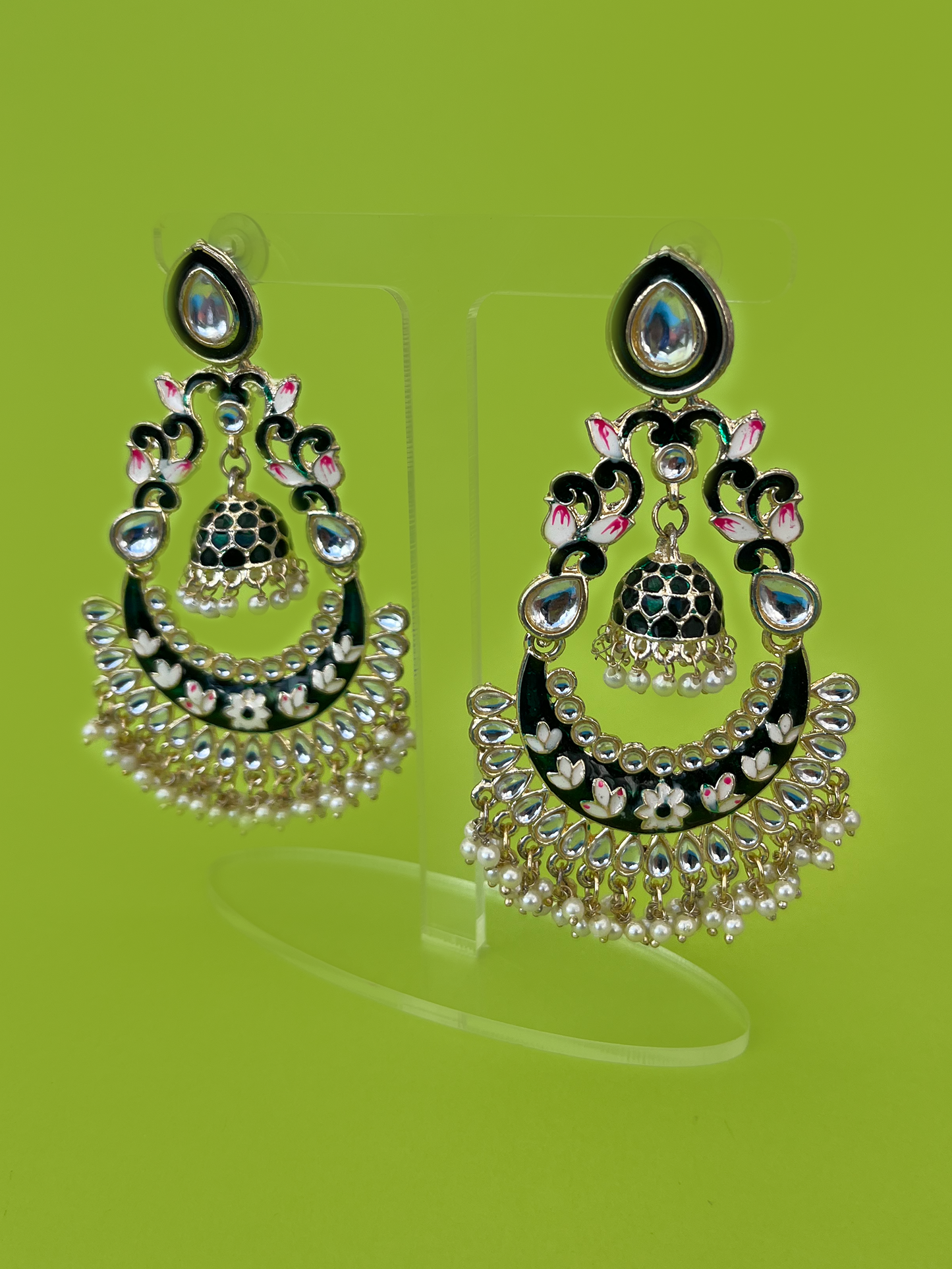 Dark Green Kundan Meenakari Jhoomka