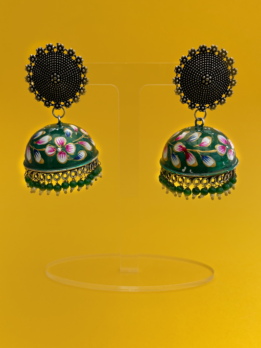 Dark Green Hand-Painted Meenakari Jhoomka with Petals