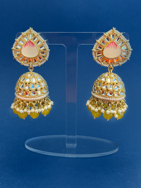 Diamanté and Pearl Jhoomka with Yellow Beads