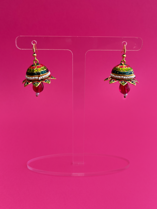 Flower-Shaped Gold-Plated Meenakari Jhoomka with Hook - Raspberry Red, Green and Teal