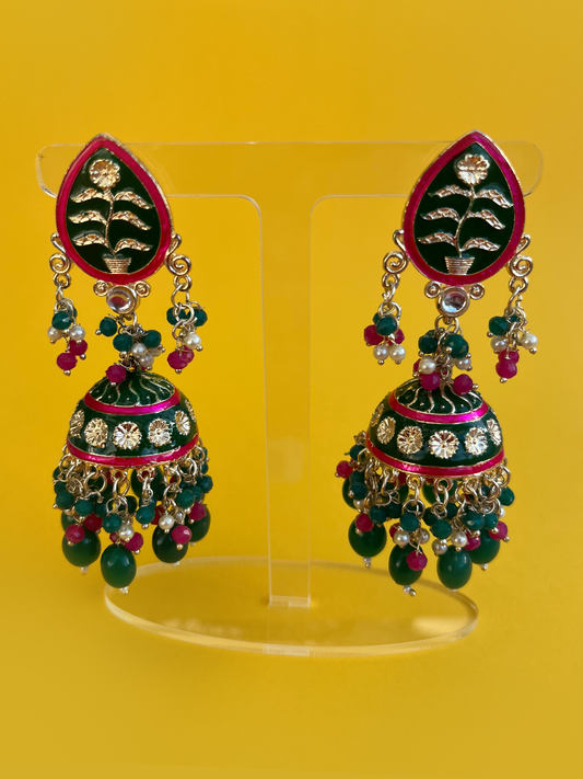 Emerald Green and Cerise Meenakari Jhoomka