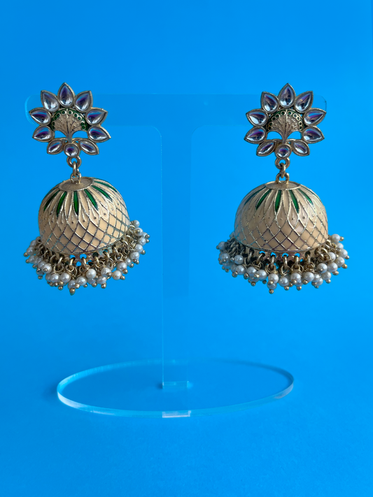 Cream and Green Hand-Painted Meenakari Jhoomka