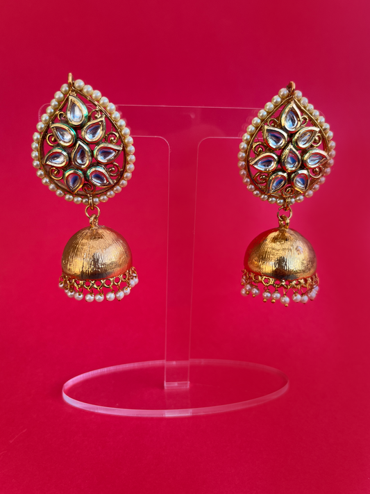 Gold-Plated Teardrop Kundan Jhoomka with Diamantés and Pearls