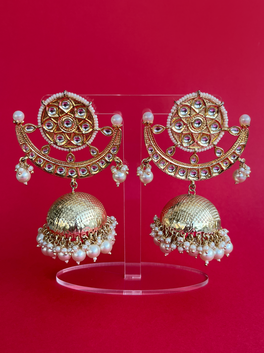 Gold-Plated Kundan Jhoomka with Diamantés and Pearls